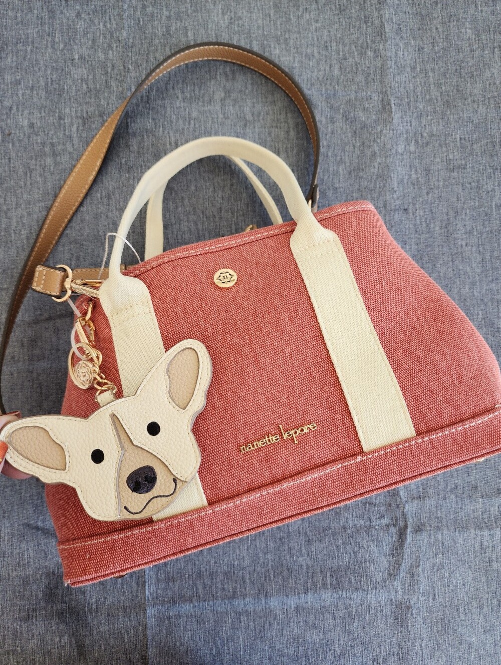 Nanette Lepore Canvas Tote With Dog Tag Charm - Dusty Pink & Cream NWT